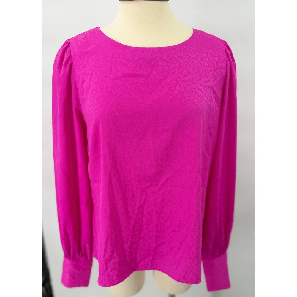 Lilly Pulitzer Blouse Womens M Pink Leopard Jacquard Puff Sleeve Top